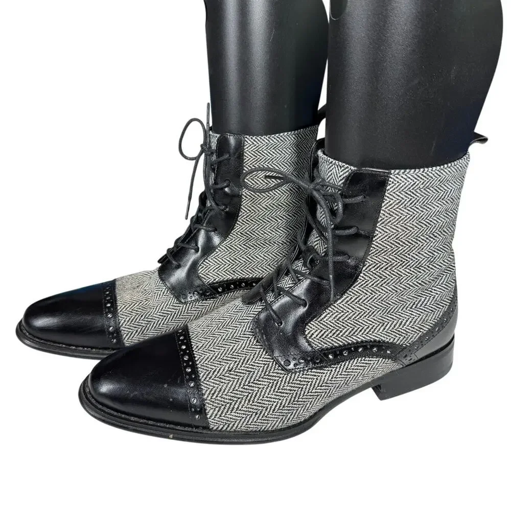 GIOVANNI Boots Black Leather Grey Herringbone Tweed Cloth Panel Cap Toe Lace Up